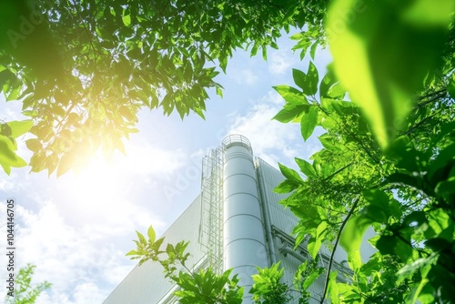 Eco friendly incinerator plant surrounded by lush greenery in a bright, clean environment, banner