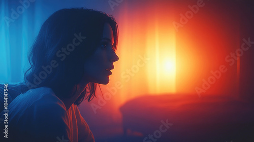 A woman sitting in a softly lit room observes colorful glowing lights that create a serene and contemplative atmosphere