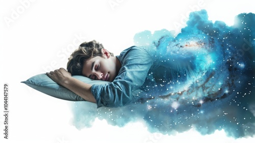 A young man sleeps peacefully, his dreams filled with a vast and mesmerizing galaxy.