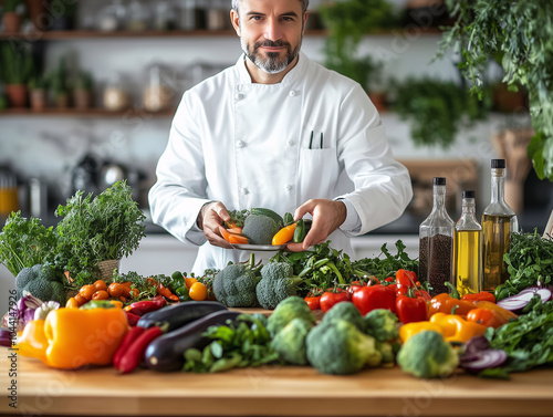 Ein Koch bereitet in der Küche frische und gesunde Speisen vor, Vegetarische Küche im vegetarischen Restaurant