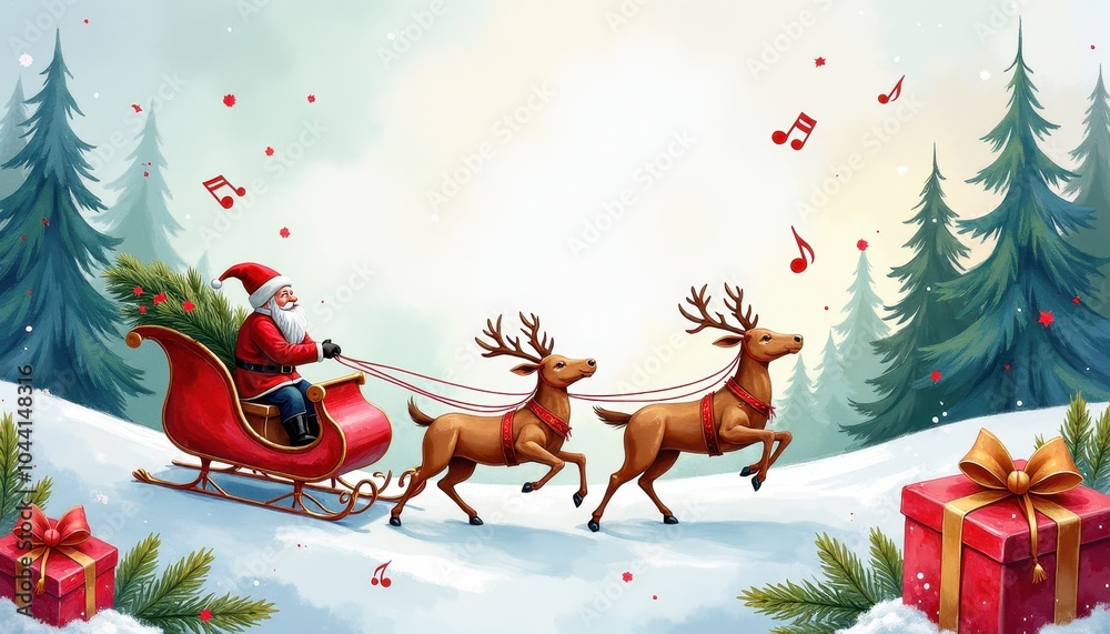 Illustration with copy space in the middle, surrounded with Christmas stuff sleigh rides, festive music notes, wrapped holiday gifts, copy space Illustration with copy space in the middle, surrounded with Christmas stuff sleigh rides, festive music notes, wrapped holiday gifts, copy space