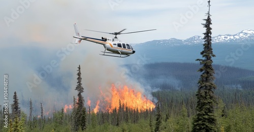 A helicopter hovers above a raging forest fire as flames engulf the trees and smoke billows into the sky. photo