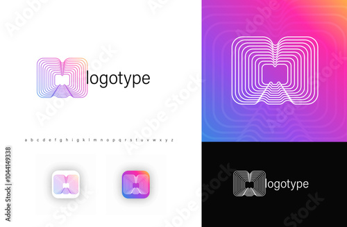 Blending lines in letter M, rounded geometric stripes logo for tech identity, branding, creative posters. Vector logotype.