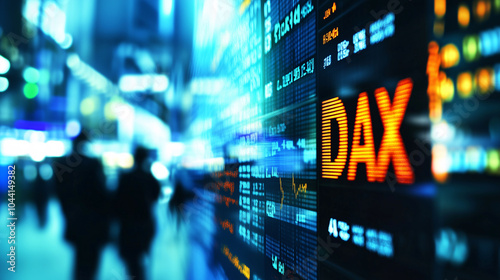 Gelbe Leuchtreklame DAX - Börsenhandel in Deutschland, Darstellung DAX Aktienmarkt auf großem Monitor, Börsenhandel der größten deutschen Unternehmen