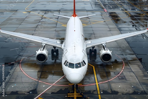 Aerial View of a Modern Aircraft on a Rainy Airport Tarmac photo