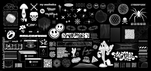Retrofuturistic UI, Brutalism and Groovy elements. Sci-fi art style, psychodelik trippy, cyberpunk streetwear, futuristic typeface, HUD, UI, geometric shapes. Retro futuristic graphic elements set.
