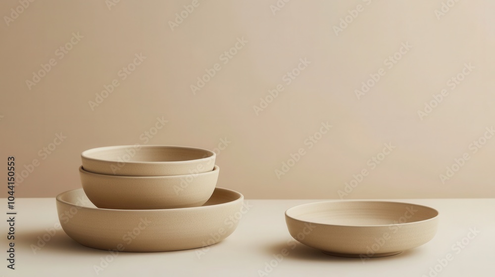 Minimalist clay pottery, including bowls and plates, displayed on a simple, light beige background. Minimalist clay pottery, including bowls and plates, displayed on a simple, light beige background.