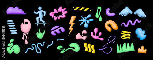 Quirky and fun 3D shapes, geometric shapes, with a psychedelic twist. Groovy and funky elements, retro graphic 3D set. Various bright shapes for bold design. Plastic realistic figures. Vector elements