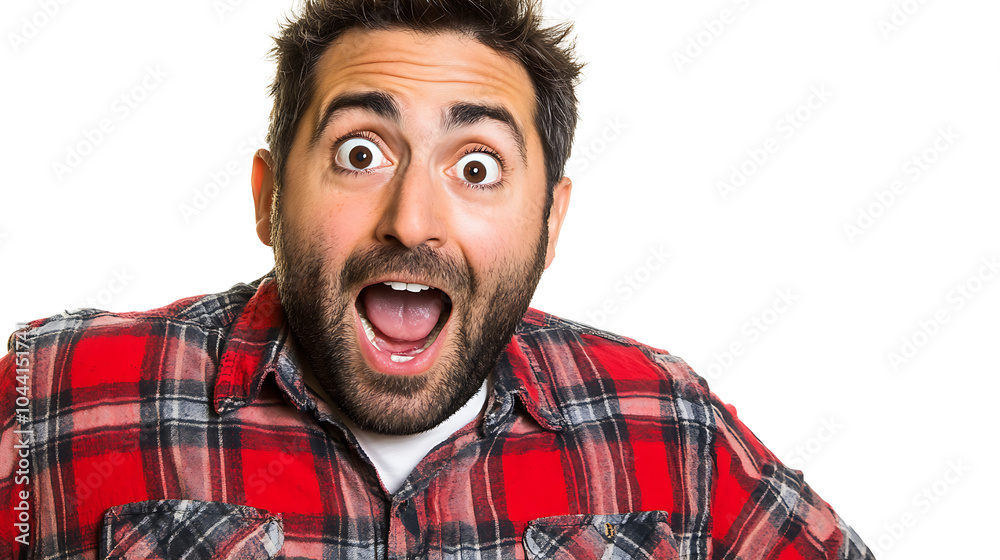 Astonished Man: Close-up portrait of a surprised man with open mouth and wide eyes, wearing a red and black plaid shirt. Perfect for expressing shock, amazement, or disbelief. Astonished Man: Close-up portrait of a surprised man with open mouth and wide eyes, wearing a red and black plaid shirt. Perfect for expressing shock, amazement, or disbelief.