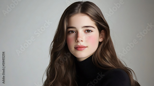 Youthful Radiance: A young woman with captivating brown eyes and long, flowing hair exudes a youthful glow in a portrait that captures her natural beauty and confidence. 