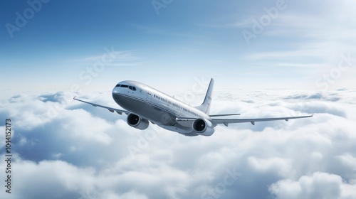 Commercial airplane flying above clouds in the blue sky.