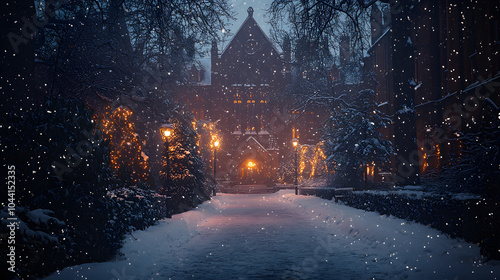 An Enchanting Winter Scene of a Snowy University: Ideal for Corporate Culture and Educational Presentations