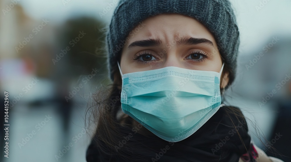 Anxious American woman in a mask is scared about the widespread illness and is being paranoid about the pandemic. Anxious American woman in a mask is scared about the widespread illness and is being paranoid about the pandemic.