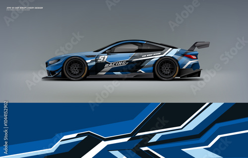 Racing Car sport car branding with racing wrap decal or livery design. Abstract racing graphics black blue backround. Editable vector template