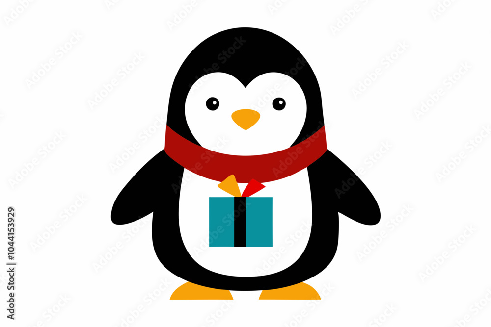 A penguin wearing a scarf and holding a small gift. on white vector illustration. A penguin wearing a scarf and holding a small gift. on white vector illustration.