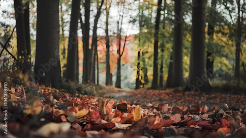 Autumn forest path covered with colorful fallen leaves, framed by tall trees, showcasing the beauty of nature in fall.