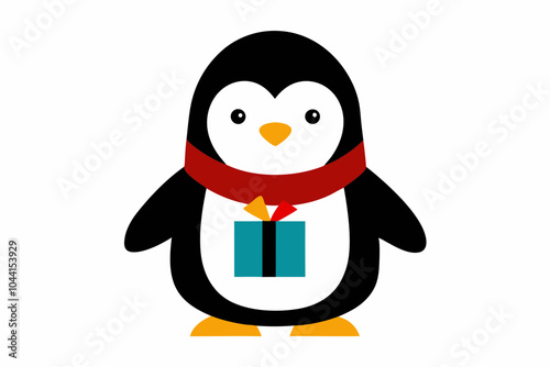 A penguin wearing a scarf and holding a small gift.  on white vector illustration.