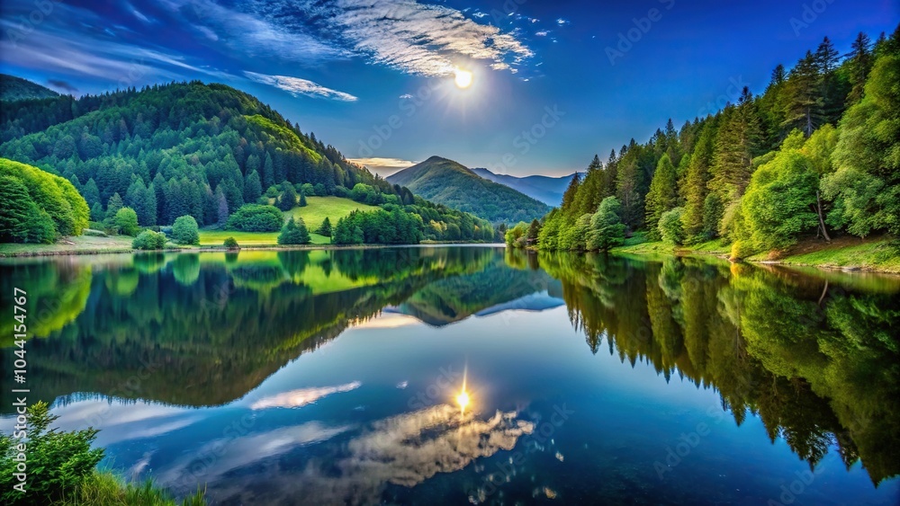 Fototapeta premium Scenic view of lake in moonlight reflection with green hills and trees