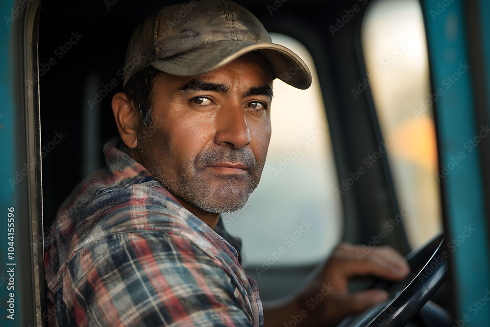 A middle-aged truck driver wearing a plaid shirt and cap, focused while driving a truck, captured through the window A middle-aged truck driver wearing a plaid shirt and cap, focused while driving a truck, captured through the window