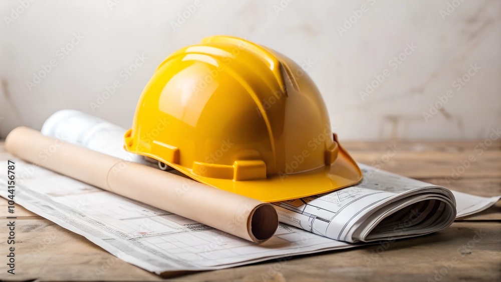 Construction Planning: Hard Hat and Detailed Blueprints Construction Planning: Hard Hat and Detailed Blueprints