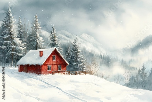 A serene watercolor illustration of a cozy red cabin in a snowy forest, perfect for Christmas cards, holiday stationery, and seasonal decorations.