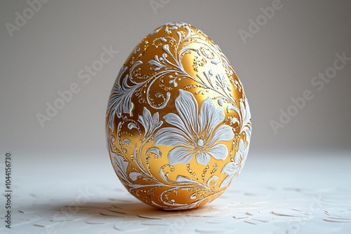 A stunning golden Easter egg with intricate white patterns, ideal for Easter promotions, greeting cards, or holiday decor. Perfect for modern minimalistic design.