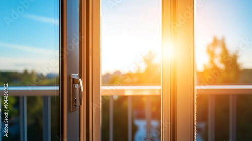 Sunlight pouring through energy-efficient French balcony doors, highlighting the smooth finish of the metal PVC frame and the secure locking mechanism. photo