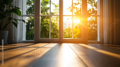 Sunlight pouring through energy-efficient French balcony doors, highlighting the smooth finish of the metal PVC frame and the secure locking mechanism.