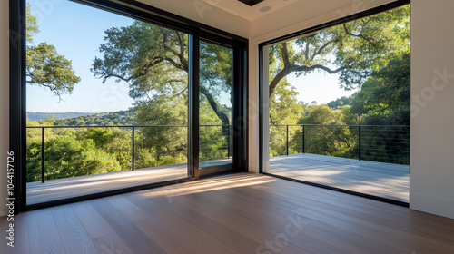 French balcony doors opening to a bright exterior, with energy-efficient glass and a sturdy aluminum frame, blending security with modern architectural design. photo