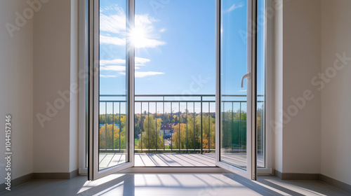 A pair of French balcony doors framed in sleek aluminum, partially open to let in fresh air, highlighting the balance of energy efficiency, safety, and modern design. photo