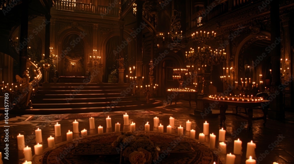 Obraz premium The flickering flames of the candles p strategically around the area create a romantic ambiance as the movie starts to play. 2d flat cartoon.