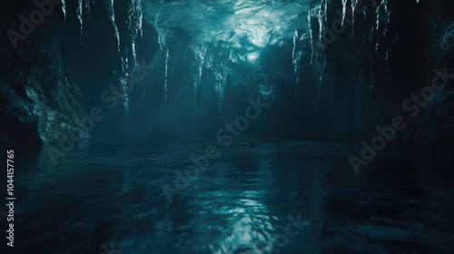 Water in a calming underground lake reflects glimmers of light from above, illuminating stunning rock formations. A peaceful moment in a mystical cave invites exploration and wonder