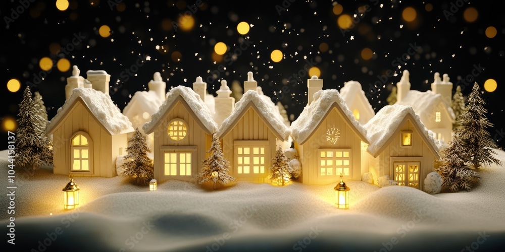 Fototapeta premium A picturesque village adorned with fresh snow showcases charming houses illuminated from within, surrounded by a magical winter landscape and softly falling snowflakes
