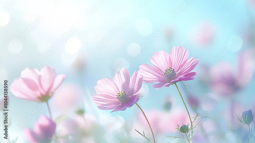 Pink cosmos flowers in full bloom with a light blue bokeh background