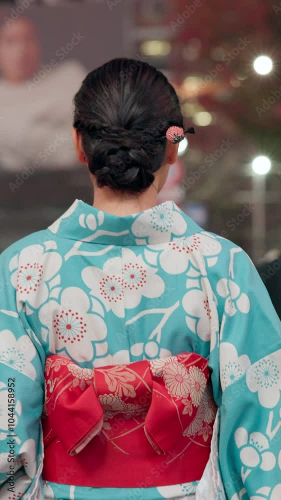 Back, Japanese woman and walking with kimono in city for travel journey and commute in Tokyo town. Person, traditional fashion and cultural clothes outdoor in busy street for sightseeing at night Back, Japanese woman and walking with kimono in city for travel journey and commute in Tokyo town. Person, traditional fashion and cultural clothes outdoor in busy street for sightseeing at night