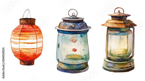 Beautiful Watercolor Chinese Lanterns Set on a Transparent Background Generative AI