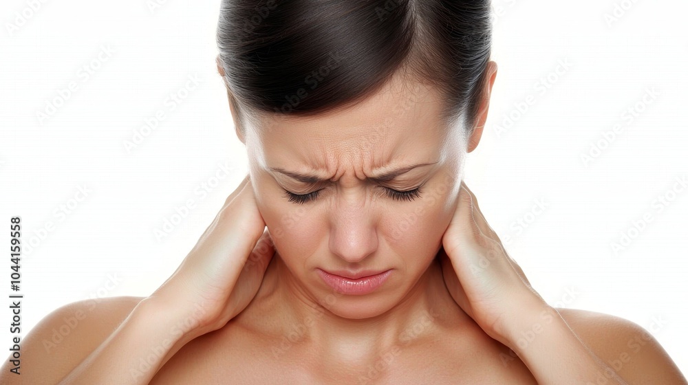 Suffering from Neck Pain - Young Woman Expressing Discomfort and Pain by Touching Her Neck on White Background Suffering from Neck Pain - Young Woman Expressing Discomfort and Pain by Touching Her Neck on White Background