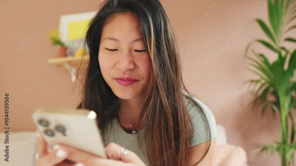 Close-up, smiling young woman sitting on the sofa writes SMS with a mobile phone Close-up, smiling young woman sitting on the sofa writes SMS with a mobile phone