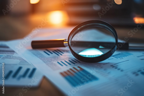 Magnified glass on paper with graphs, showcasing detailed data analysis.