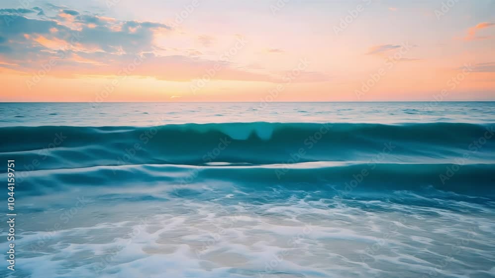 A calm ocean with waves at sunset. Soft, teal and peach colors. A calm ocean with waves at sunset. Soft, teal and peach colors.