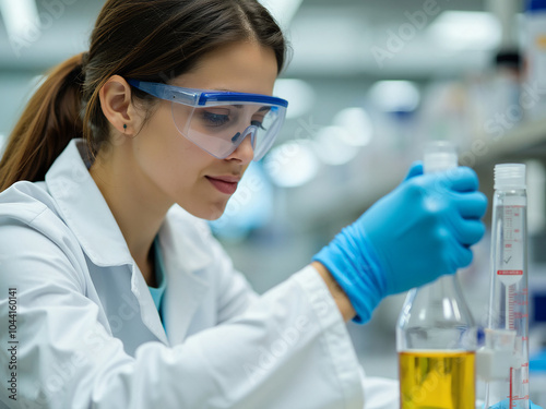 Female scientist working with chemical liquid in beaker using graduated cylinder in laboratory