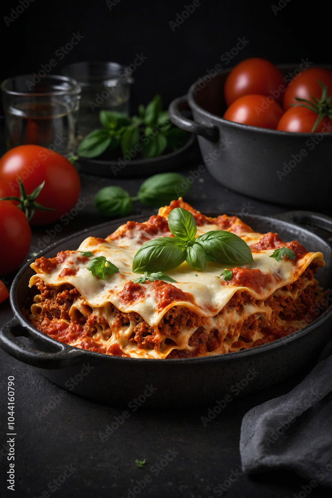 Delicious homemade lasagna served on a plate, garnished with fresh basil. Accompanied by tomatoes, garlic bread, and a glass of drink. Perfect for food lovers Delicious homemade lasagna served on a plate, garnished with fresh basil. Accompanied by tomatoes, garlic bread, and a glass of drink. Perfect for food lovers