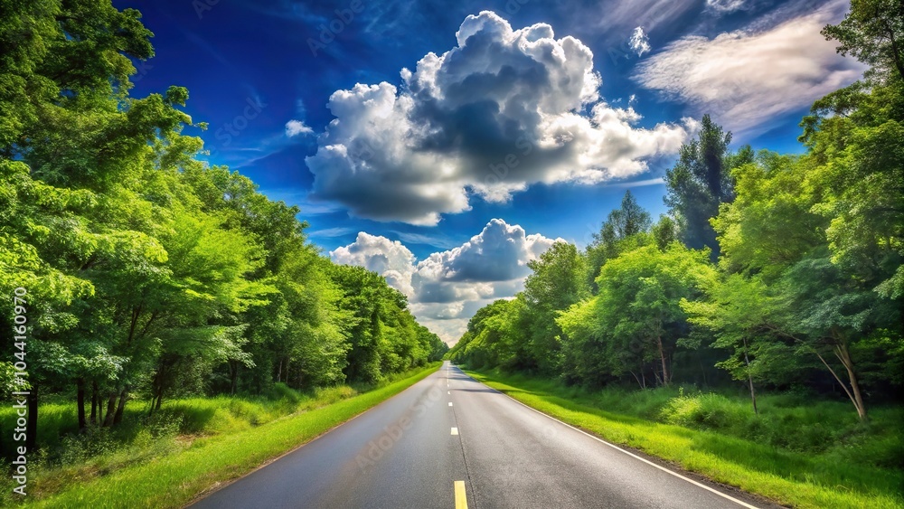 Fototapeta premium Scenic view of lush green trees and blue skies with white clouds along a tilted angle road