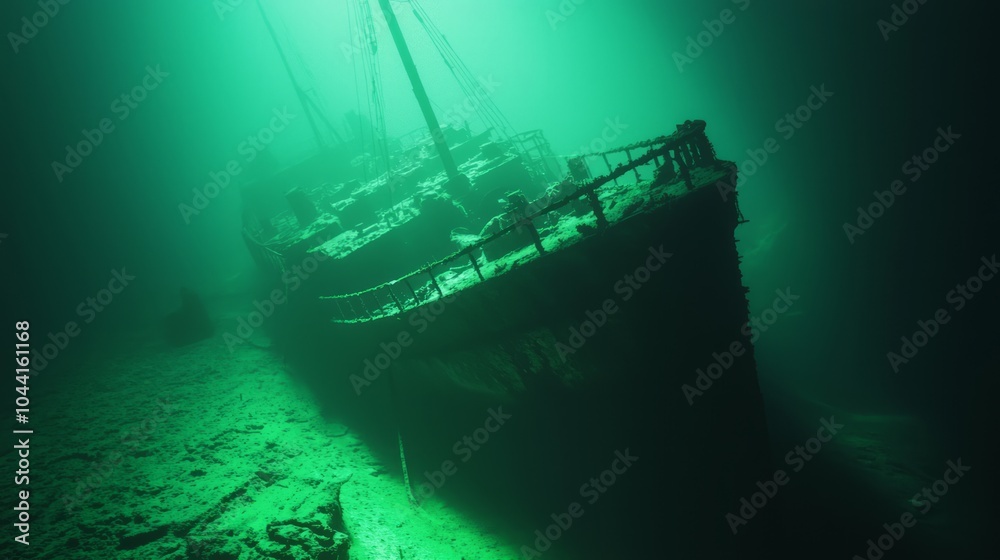 Mysterious Ghostly Shipwrecks: Stunning Deep Sea Underwater Scene with Ethereal Creatures and Ancient Silhouettes - Ultra-Detailed Exploration Mysterious Ghostly Shipwrecks: Stunning Deep Sea Underwater Scene with Ethereal Creatures and Ancient Silhouettes - Ultra-Detailed Exploration