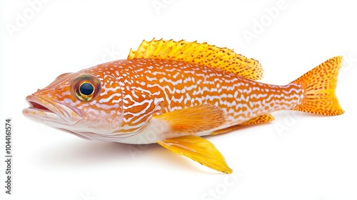 Tilefish species known for its striking orange and yellow hues is displayed against a pristine white backdrop highlighting its distinct features and patterns beautifully.