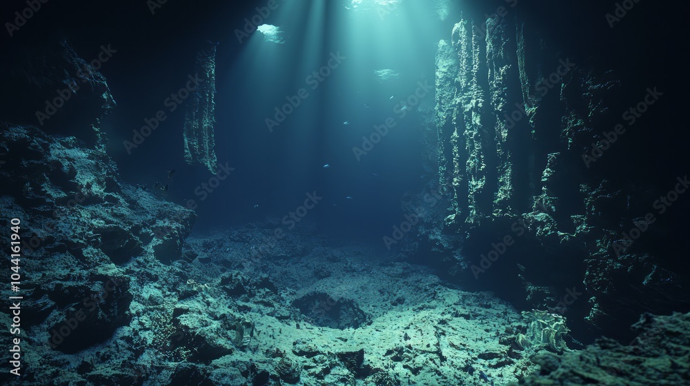 Obraz premium Majestic Deep-Sea Canyon: Panoramic View of Dramatic Rock Formations, Swirling Currents, and Diverse Marine Life in Soft Light | Ultra-Detailed Underwater Landscape