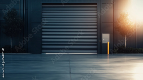 A shiny metallic roller shutter door on a modern industrial warehouse, closed tightly as the clean, minimalistic exterior contrasts with the surrounding industrial landscape.