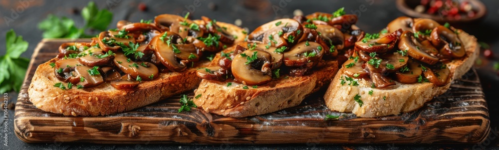 Pieces of bread with mushrooms on them, food background, banner Pieces of bread with mushrooms on them, food background, banner