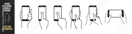 Hand holding mobile phone with blank screen in line style on transparent background. Finger touching blank screen. Vector smart phone, electronic device line art icon