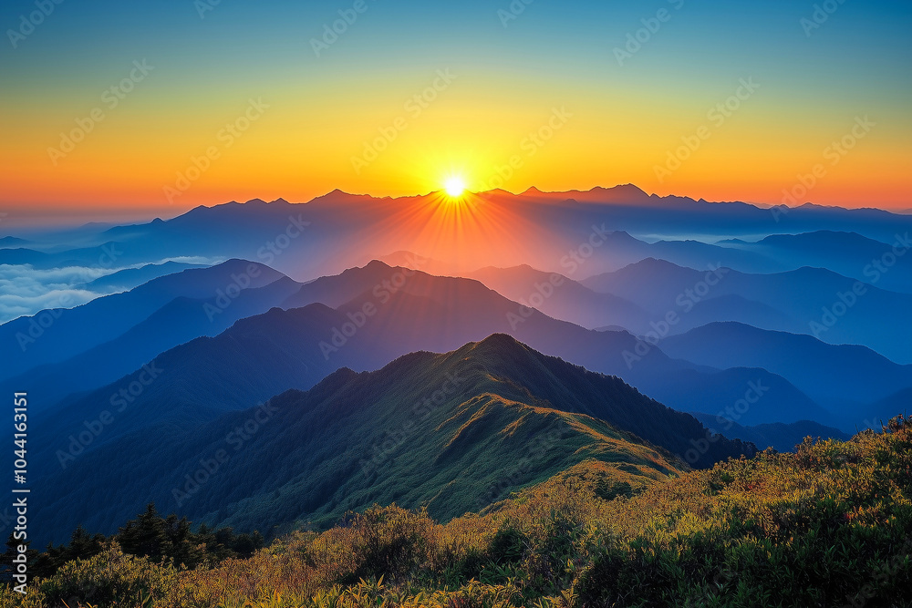 Obraz premium Majestic sunrise over rolling mountains and valleys in peaceful natural landscape at dawn